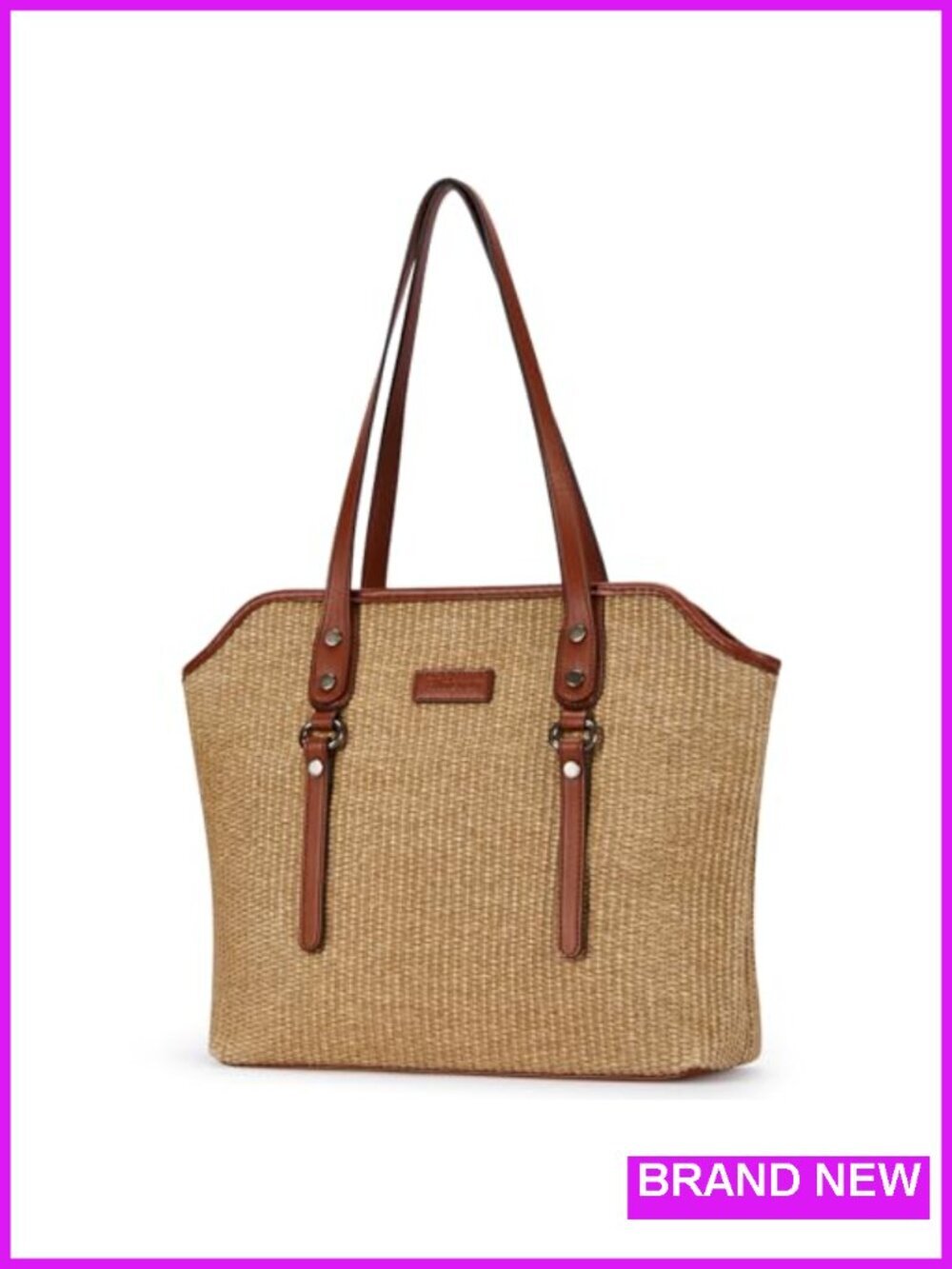 Large Tote Bag, Straw & Vegan Leather Shoulder Bag, Work Travel Beach